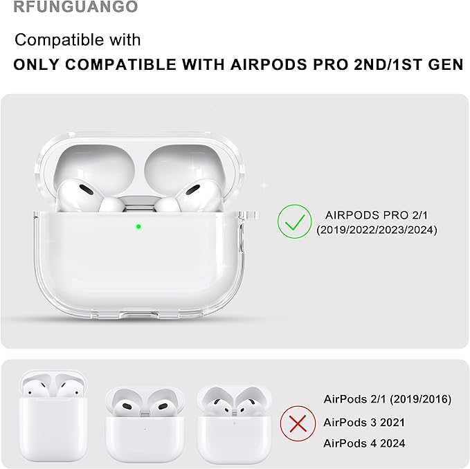 RFUNGUANGO AirPods Pro Case Clear, Soft TPU Transparent with Cleaning Kit & Keychain, Compatible with Magsafe, Compatible Apple AirPods Pro 2nd/1st Generation Protective Case, White
