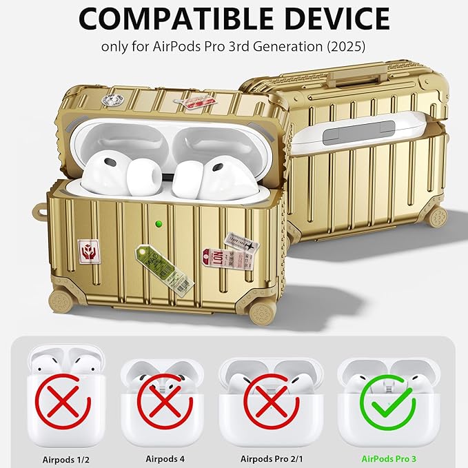 Filoto Compatible with Airpods Pro 3 Case 2025, Cute Fashion Suitcase Design for Airpods Pro 3rd Generation Case Cover, Shockproof Protective Hard Case with Keychain/Cleaner Kit Gold