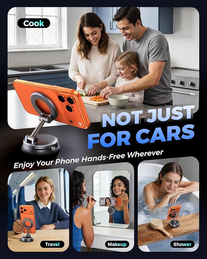 2026 Upgraded Vacuum Magnetic Car Phone Holder, 85LBS Strongest Suction & 2600gf Magnetic for Magsafe Car Mount, 360° Adjustable Foldable Cell Phone Holders for Your Car for iPhone 17 16 15-Silver