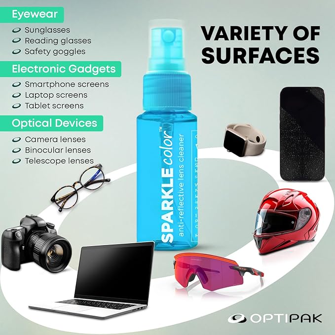 Sparkle Anti-Reflective Safe Lens Cleaner Spray Kit - (2) 1oz Glasses Cleaner Bottle & (2) Microfiber Cloth for Eyeglasses, Sunglasses, Lenses, Screens and Camera Cleaning Kit (4 Piece Set)