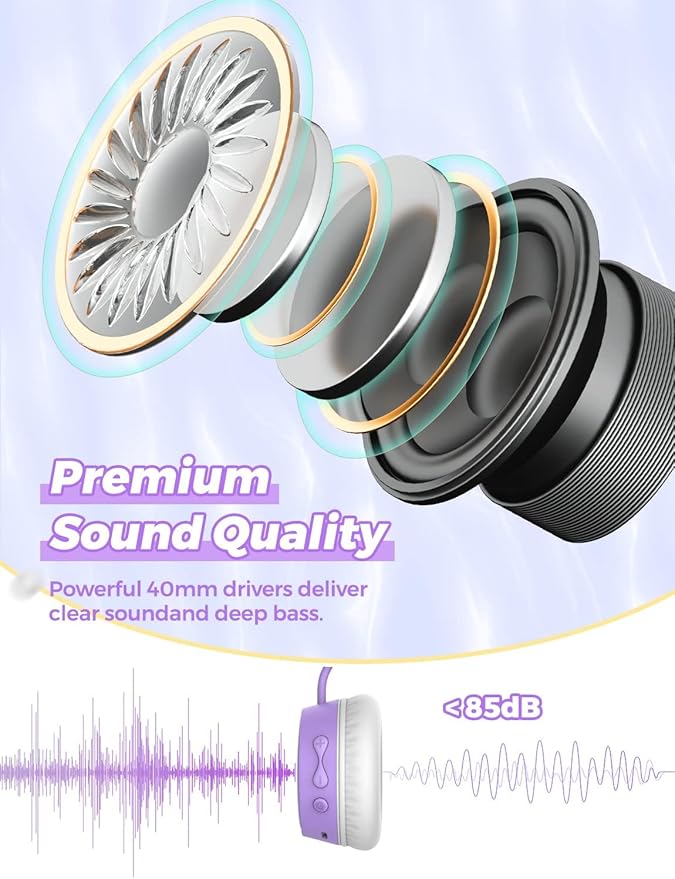 gorsun Kids Bluetooth Headphones, 85dB Volume Limited, 68 Hours Playtime, Bluetooth 5.4, Colorful LED Lights Toddler Headphones Wireless with Microphone, Birthday Gift for 1-13 Year Olds (Purple)