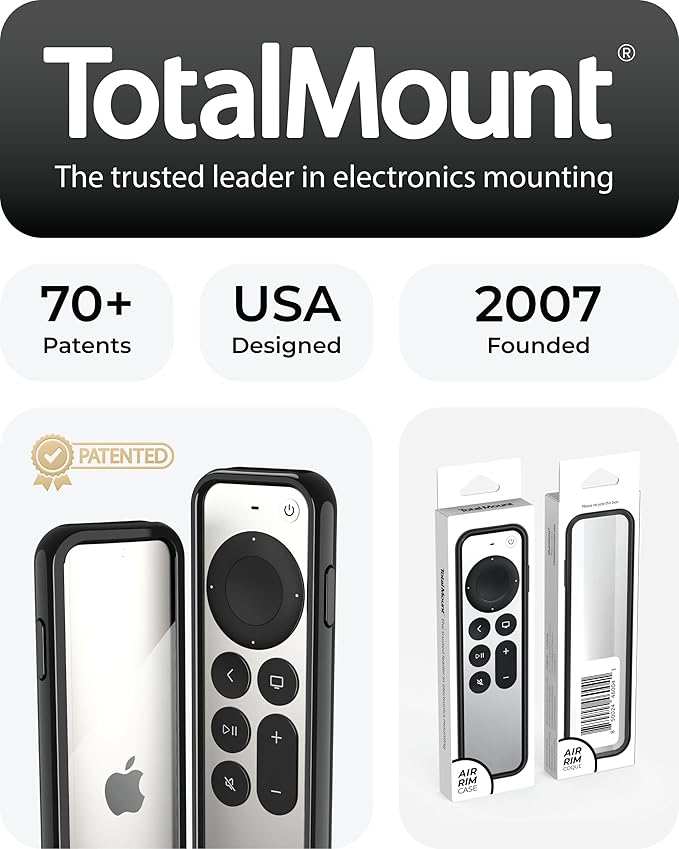 TotalMount Air Rim Case for Apple TV Remotes – Slim, Hybrid Black Perimeter Cover & Clear Back Remote Case with Ultimate Drop Protection