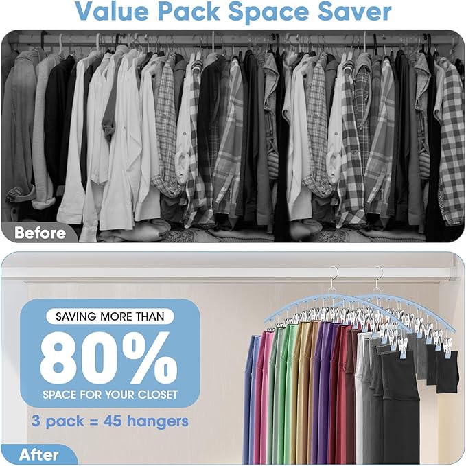 6 Pack Legging Organizer for Closet Hanging, Pants Hangers with Clips Holds 95 Leggings, Shorts, Skirts, Jeans, Hats, Pants Hangers Space Saving Clothes Racks Closet Organizers and Storage, Blue