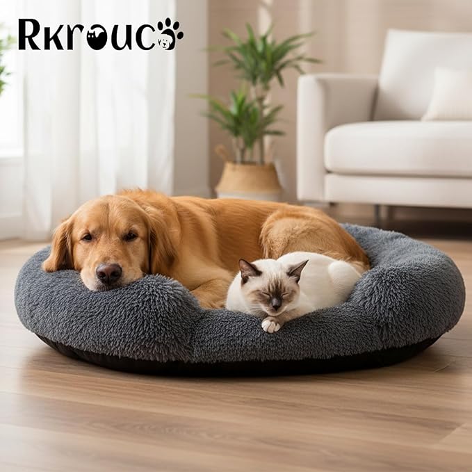 Fluffy Dog Bed Calming Donut Beds for Large Dogs Warming Round Small Medium Pet Nest Cozy Cat Mattress Indoor Washable Puppy Kennel Kittens Sleep Mat (XL, 43.3×43.3 inch, Dark Gray)