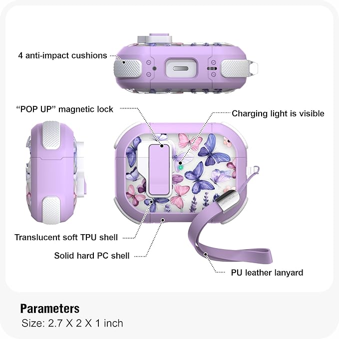 WENEW for AirPods Pro 3 Case (2025) Cover Secure Lock Automatic Snap Switch Clip Cleaner Kit Lanyard Women Stylish Flower Hard Shell Full Body Front LED Visible (Purple Butterfly, AirPods Pro 3)