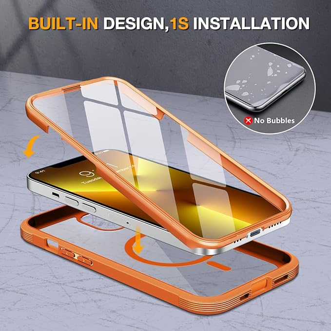 Miracase for iPhone 13 Pro Case 6.1",with MagSafe,Built in Screen Protector,Full-Body Protection(Orange)