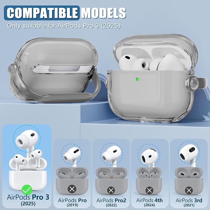 for Airpods Pro 3 Case,Safety Lock Cases for Apple Airpod Pro 3 (2025) with Phone Stand & Cleaner Kit,Drop Protection Air pods Pro3 Case Cover for Men Women with Keychain,Clear Black