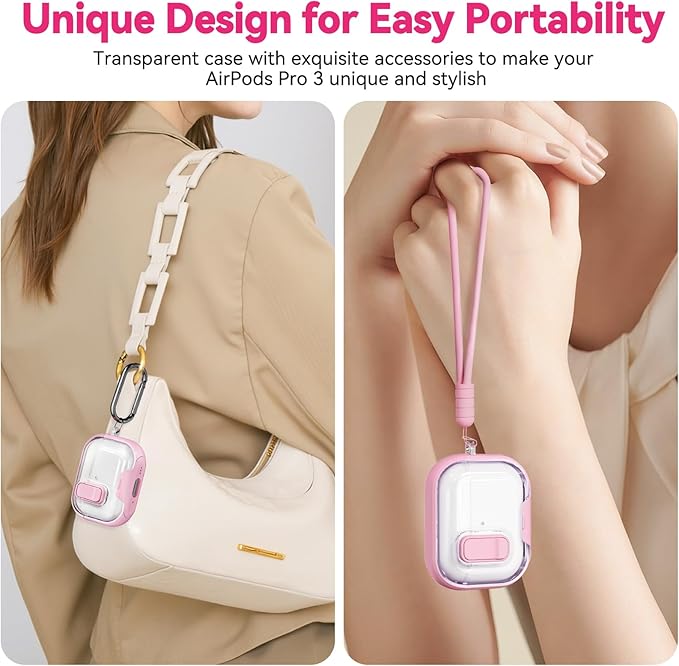 for AirPods Pro 3 Case 2025, with Keychain & Cleaner Kit, Soft TPU Cover for AirPods 3rd Generation Case with Safety Lock & Phone Stand, iPod Pro 3 Case Clear Cute Funny for Women Girls - Pink