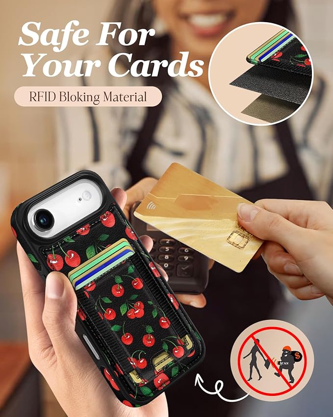 Shorogyt for iPhone Air Wallet Case - Fits 5 Cards, Compatible with Magsafe Detachable Magnetic Credit Card Holder Leather Cardholder Cute Phone Cover Women Girls for Apple 17 Air, Cherry