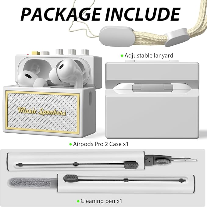 FILOTO AirPods Pro 2nd Generation Case Cover with Cleaner Kit, Airpod pro case Guitar amp Retro Audio Design Soft Silicone Protective Cover for AirPods Pro 2 Case with Lanyard (2023/2022) Off/White