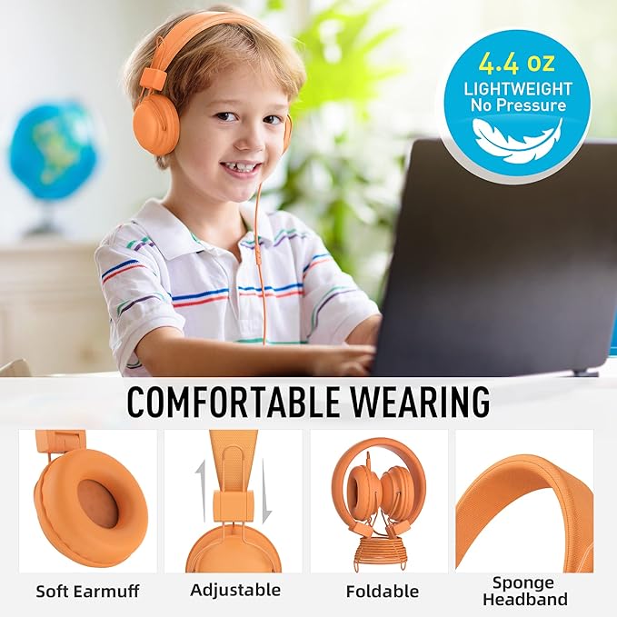 AILIHEN HD850 Classroom Headphones for Kids K-12 Students, School Wired Headphones with Microphone & 85dB Volume Limited & Sharing Function for Chromebook (Orange)