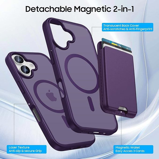 Magnetic for iPhone 17 Case with Detachable Wallet, Compatible with MagSafe, Credit Card Holder with Slim Shockproof Protective Phone Cover, Purple