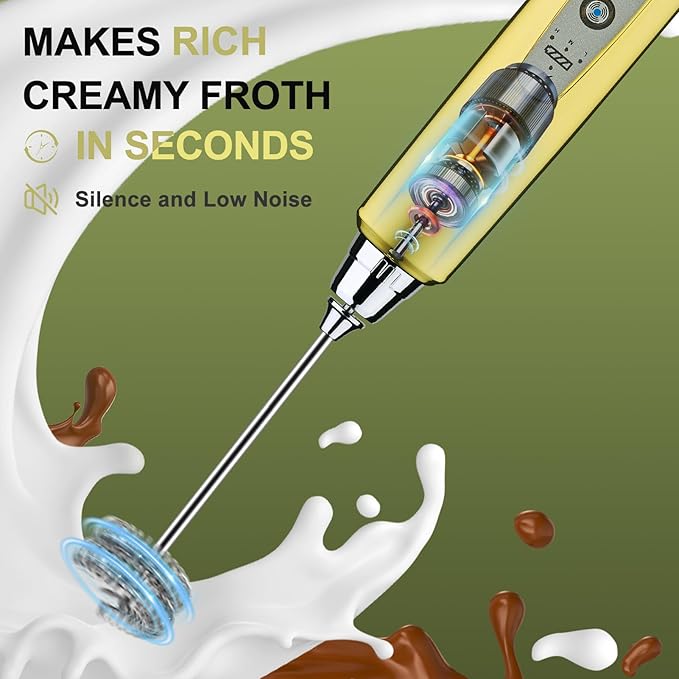 YUSWKO Champagne Gold Handheld Milk Frother Wand with Stand for Coffee, Rechargeable Electric Whisk with 3 Heads 3 Speeds Drink Mixer Coffee Frother For Latte, Cappuccino, Hot Chocolate, Egg