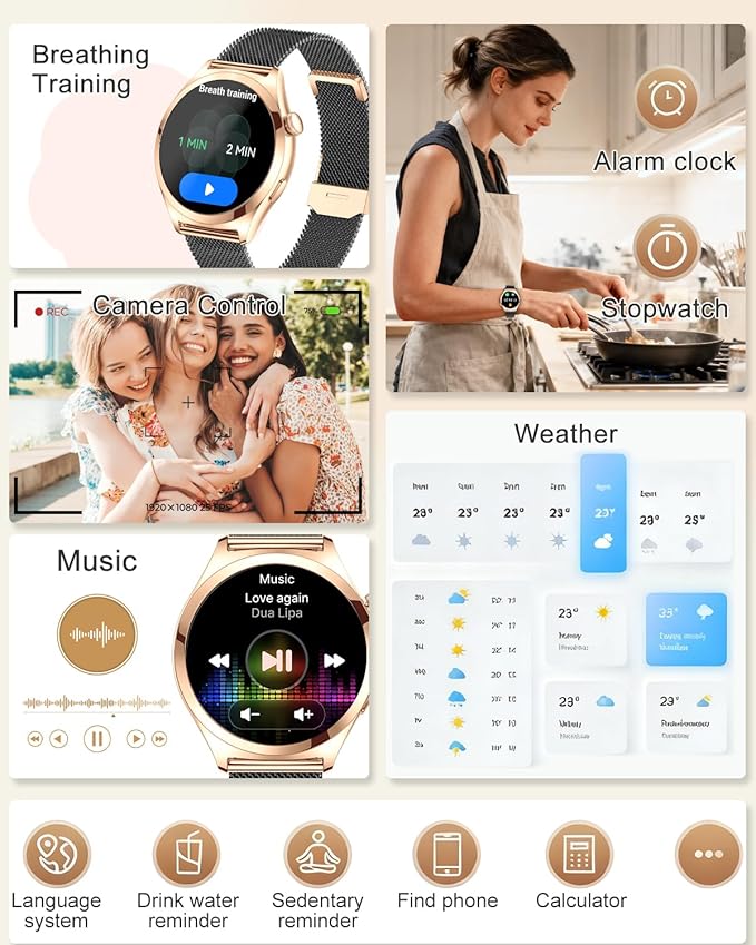 Smart Watches for Women, 1.27" TFT Touchscreen Smartwatch Answer/Make Call, Activity Fitness Trackers with 120+ Sports/HR/Sleep/SpO2 Monitor, IP68 Waterproof for Android iOS (Gold Black)