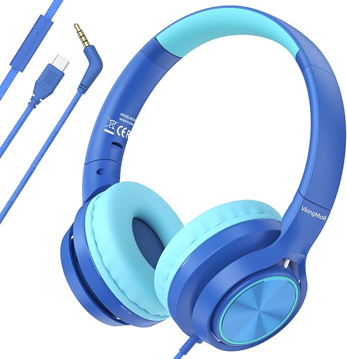 Kids Headphones for School Travel, Upgrade USB Type C Safe Volume 94dB, with Mic HD Stereo Sound Foldable On-Ear Headphones for Boys/Girls/Students/Tablet/Travel Blue