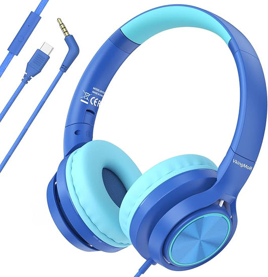 Kids Headphones for School Travel, Upgrade USB Type C Safe Volume 94dB, with Mic HD Stereo Sound Foldable On-Ear Headphones for Boys/Girls/Students/Tablet/Travel Blue