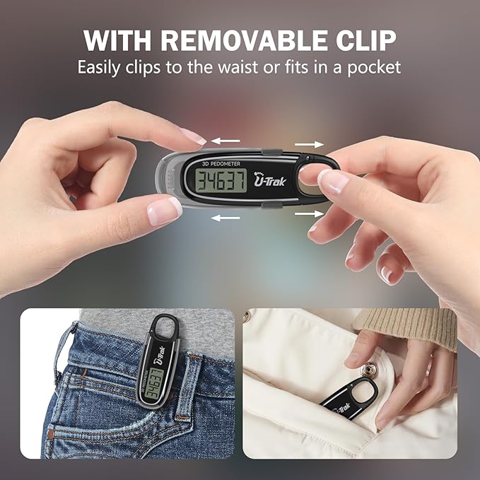3D Pedometer for Walking with Removable Clip and Carabiner Simple Step Counter for Walking Accurate Clip On Step Tracker for Men Women Kids