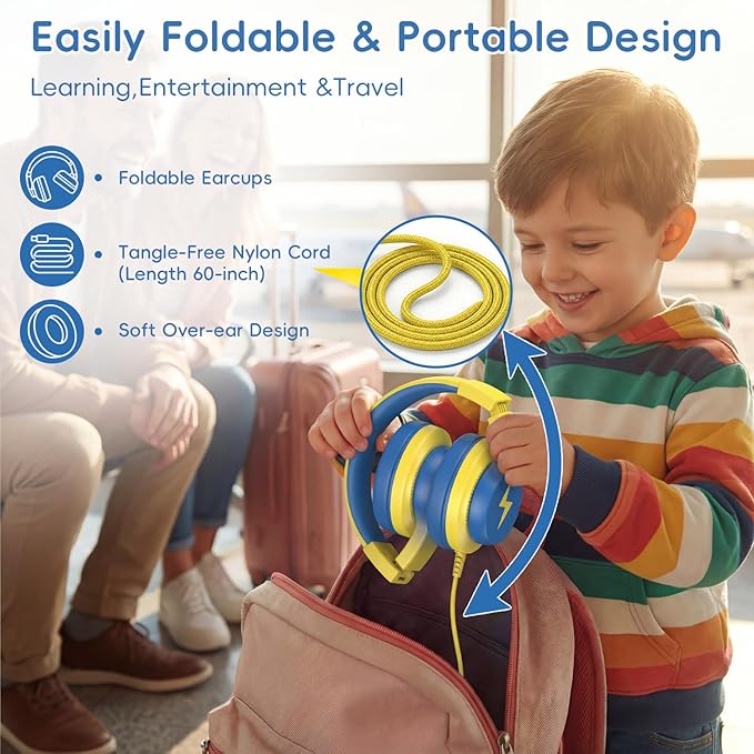 Wired USB C Kids Headphones, 85dB Safe Volume Limit, HD Stereo Sound, Adjustable Headband, Foldable Over-Ear Design for School/Travel/Boys/Girls/iPad/Tablet (Light Yellow, No Mic)