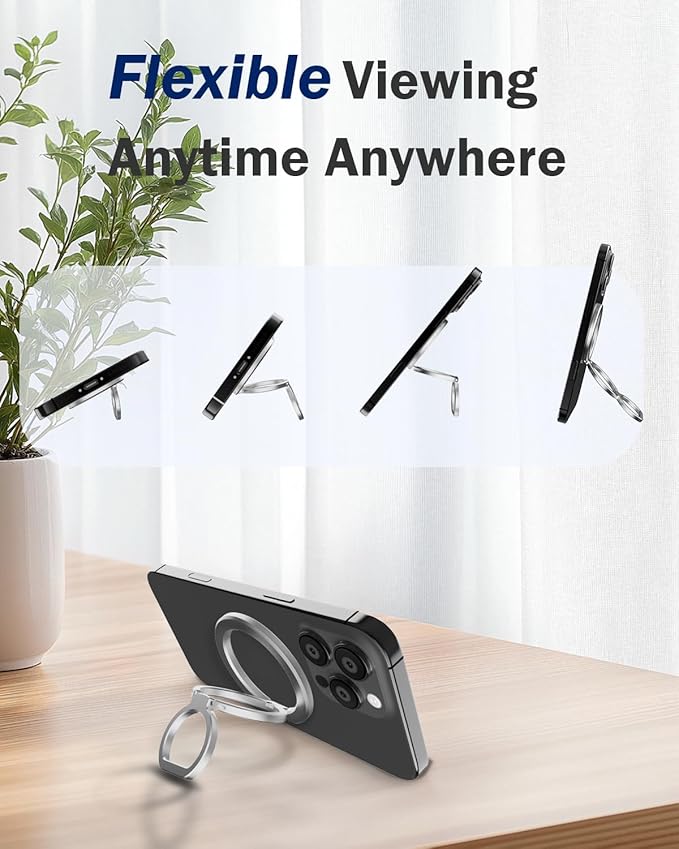 Phone Grip for MagSafe,360°& 180°Rotation Magnetic Phone Ring Holder with Kickstand,Dual-Ring Thin Phone Stand for 17/16/15/14/13/12 Series-Silver
