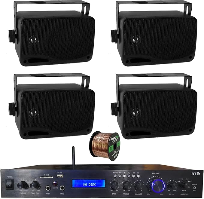 Home Theater Amplifier Audio Bluetooth MP3/USB/SD/AUX/FM Receiver System, with 4X 3.5'' 200 Watt 3-Way Weather Proof Mini Box Speakers (White), Enrock Audio 16-Gauge 50 Foot Speaker Wire
