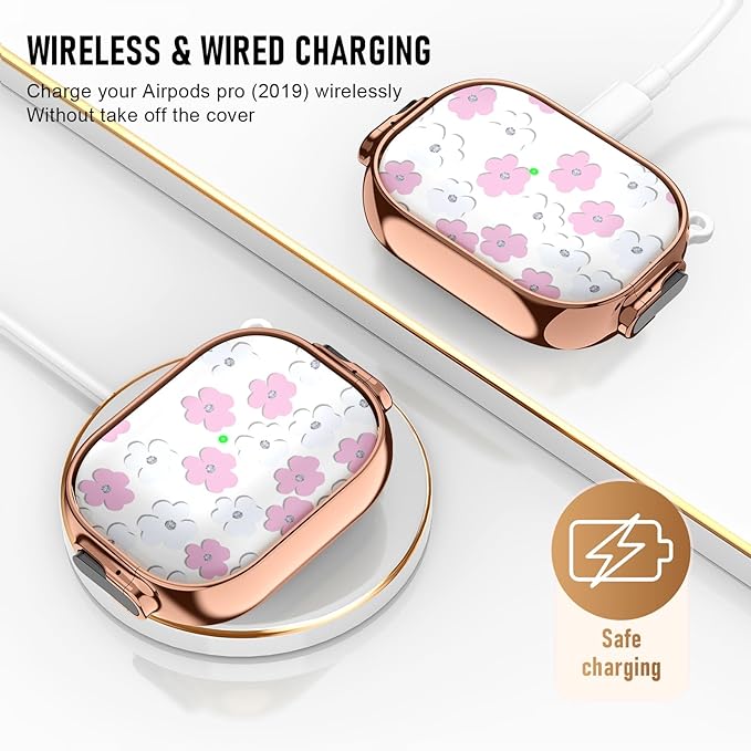 Maxjoy for Cute Airpods Pro 2 case with Safety Lock,Compatible Airpods Pro Case 2nd/1st Gen,for Pink and White Flowers AirPods Case Coverfor Women Girly with Keychain-Transparent