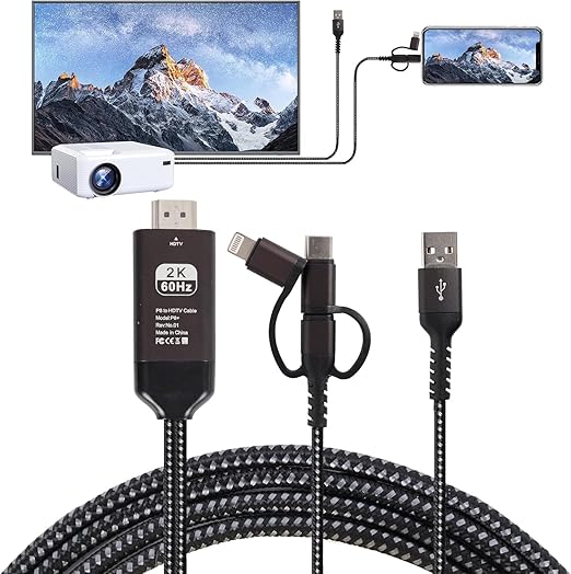 3-in-1HDMI Cable to TV Adapter 2k 60Hz 1080P Phone to TV HDTV AV Adapter for Android Phone Type C,Multi-Function,Plug & Play, HDMI Cable Compatible with Roku TV/PS5/HDTV/Blu-ray