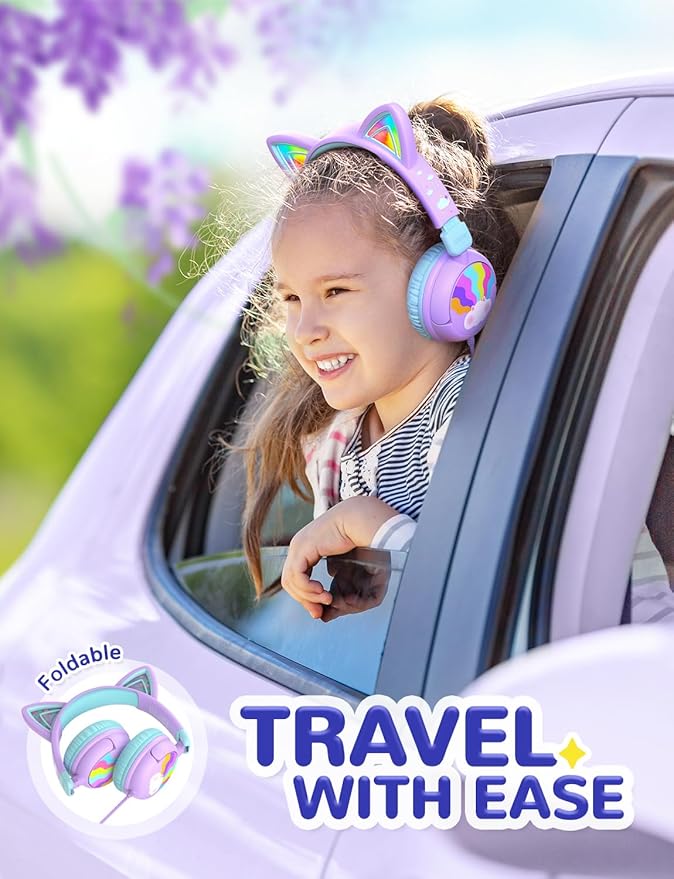 iClever Kids Headphones USB C, LED Light Up, 85dBA Safe Volume, Stereo Sound Toddler Headphones for Travel School, Kids Headphone with Cord for iPad Tablets, Meow Lollipop-Purple