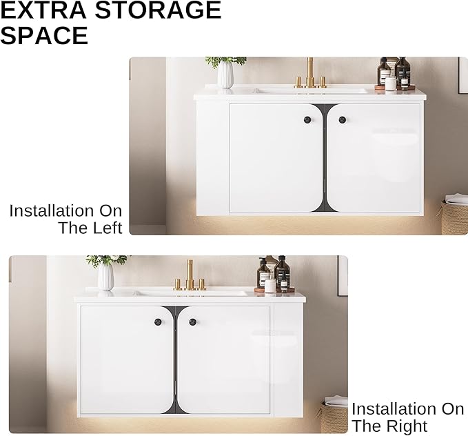 IRONCK 36 Inch Bathroom Vanity with Sink, Wall Mounted Floating Vanity with LED Light & Open Side Shelf, High Gloss Modern Bathroom Cabinet for Small Space, White