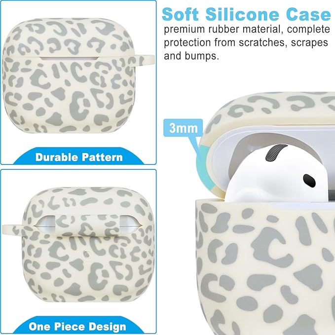Silicone Leopard AirPods 4 Case 2024, Gawnock Case Cover for Apple Airpods 4th Generation Print Soft Flexible Cover for Air Pod 4th Women Girls, Skin with Keychain - Leopard Beige