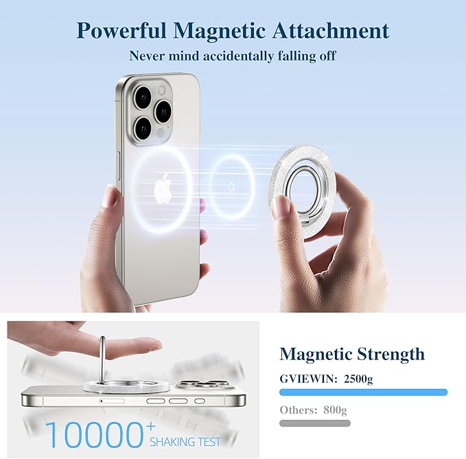 GVIEWIN Magnetic Phone Ring Holder Compatible with MagSafe Grip, [Super Magnet] 360° Rotatable Adjustable Twinkle Kickstand, Mag Safe Stand for iPhone 17 Pro Max/Air/Plus/16/15/14(Glitter/Silver)