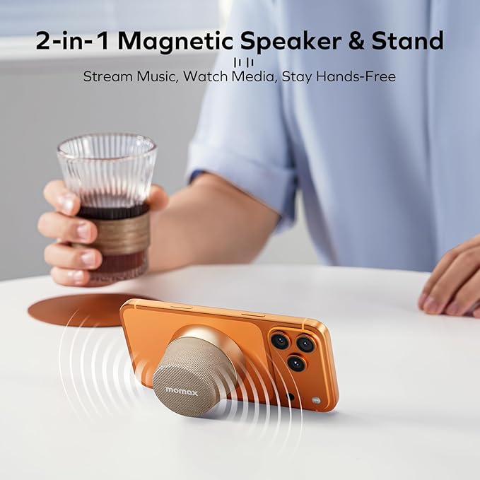 MOMAX Magnetic Mini Bluetooth Speaker, IPX6 Waterproof, 12H Playtime, TWS True Wireless Stereo, USB-C Rechargeable, Portable Shower & Outdoor Speaker, Bass-Enhanced, Call Function, Travel & Gift Ideas