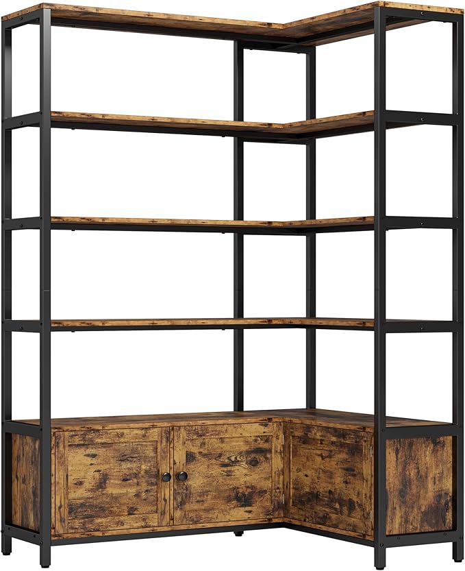 IRONCK Corner Bookshelf, Vintage Industrial Bookcase 6 Tier with Storage Cabinets, 70" Wooden Book Shelf with Metal Frame for Living Room, Office, Bedroom