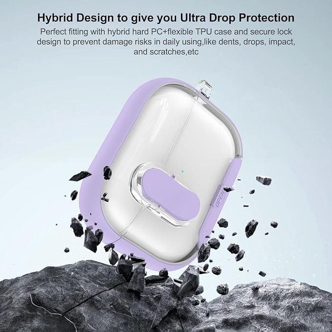 for Airpods Pro 3 Case Clear,Secure Lock for Airpods pro 3rd Generation Case Cover with Phone Stand and Magsafe Function,Auto Pop-up,Hybrid Protection with Carabiner&Cleaning Pen-Purple