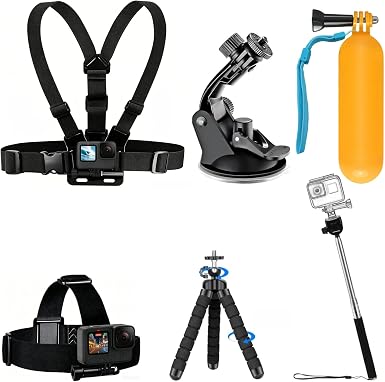 6 in 1 Accessories Kit for Action Camera, Chest Mount Harness Strap, Head Strap Mount, Suction Cup, Selfie Stick, Floating Handle Grip, Flexible Octopus Tripod, Fit for Recording VLOG/POV
