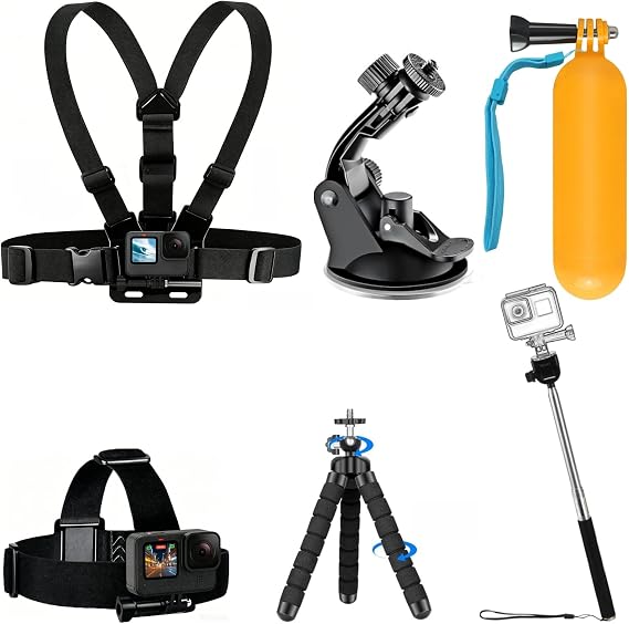 6 in 1 Accessories Kit for Action Camera, Chest Mount Harness Strap, Head Strap Mount, Suction Cup, Selfie Stick, Floating Handle Grip, Flexible Octopus Tripod, Fit for Recording VLOG/POV