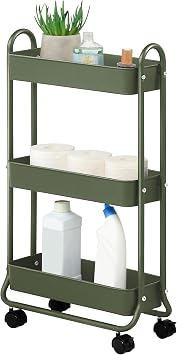 SunnyPoint Slim Rolling Storage Cart, 3 Tier Bathroom Storage Organizer Bathroom, Laundry Utility Cart (Army)
