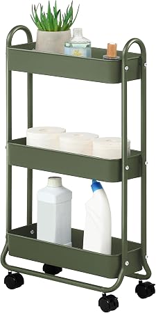 SunnyPoint Slim Rolling Storage Cart, 3 Tier Bathroom Storage Organizer Bathroom, Laundry Utility Cart (Army)