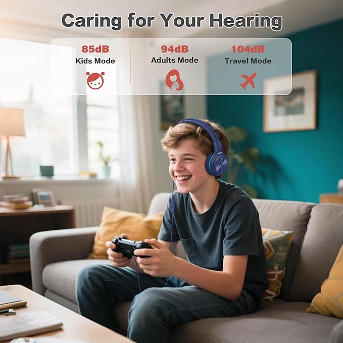 SIMOLIO Wired Kids Headphones for School with Microphone, Volume Limiting & Noise Cancelling PC Headset with Cord, Plug in Headphones for Tablet, Laptop (Navy Blue)