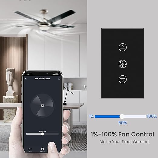Smart Fan Switch Neutral Wire Required, 2.4GHz WiFi Dimmer Light Switch with Remote Voice Control, Tempered Glass Panel, Compatible with Alexa and Google Home, Black WiFi Fan