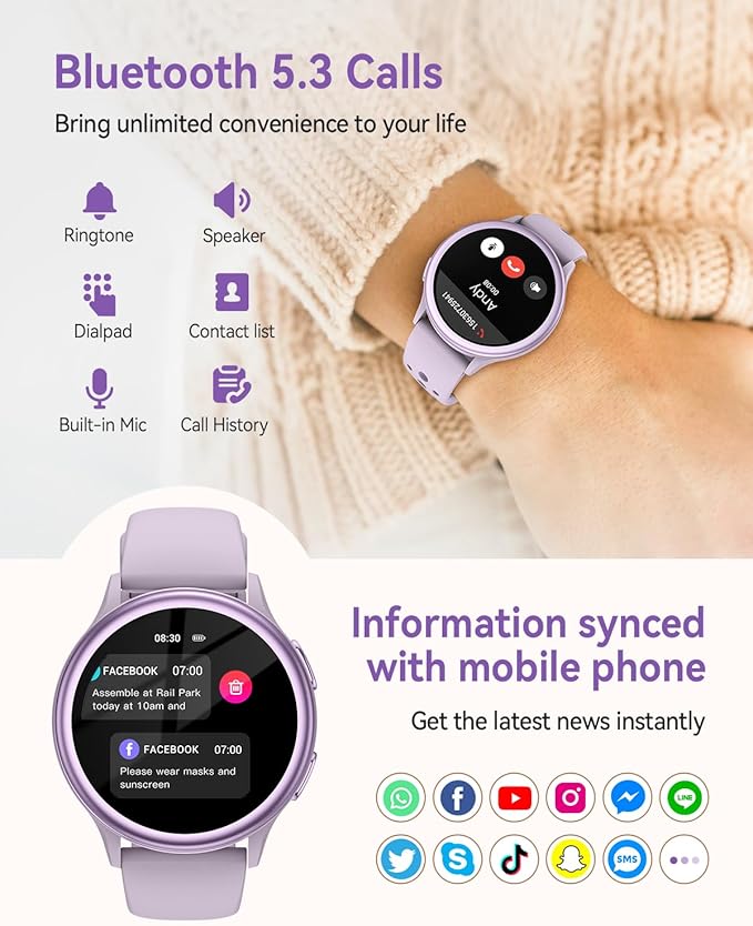 Smart Watches for Women(Answer/Make Calls), 1.27'' AMOLED Screen Activity Trackers with Heart Rate/Sleep/SpO2 Monitor, Smartwatch for iPhone/Samsung/Android,120+ Sport IP68 Fitness Watch 2Bands Purple