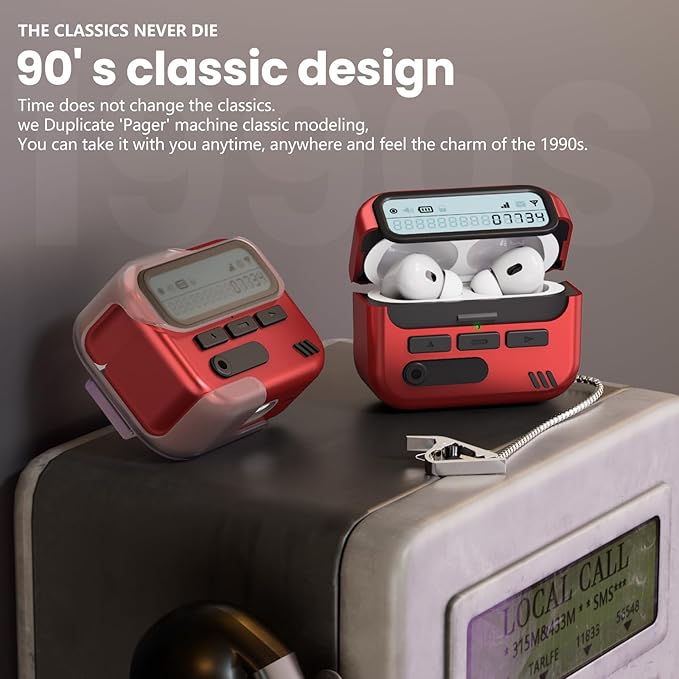 (with Safety Lock) Pager Cases Compatible with AirPods Pro 2nd Generation Case Cover with Cleaner Kit,Hard TPU Full Protection for AirPods Pro 2 Charging Case(USB-C)(2023/2022/2019) for Men-Red