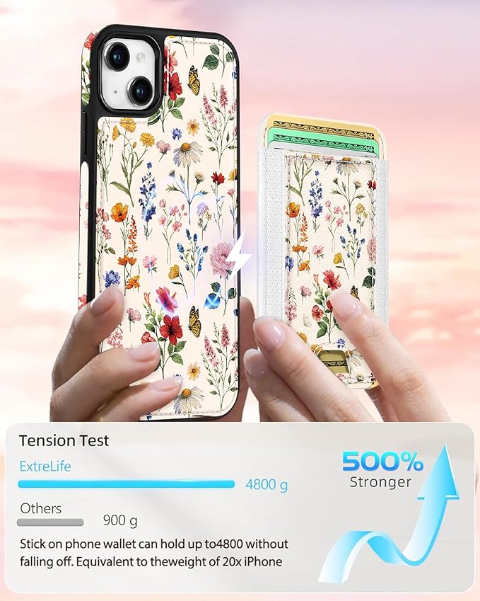 Shorogyt for iPhone 15 Plus Case Wallet - Fits 5 Cards, Compatible with Magsafe Detachable Magnetic Credit Card Holder Leather Cardholder Cute Phone Cover Women Girls for Apple 15Plus, Floral