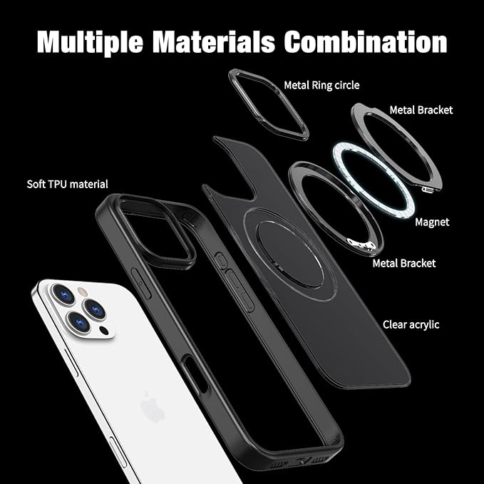for iPhone 16 Pro Case with Screen Protector & Lens Protector [15 FT Military Drop Protection] Magnetic Kickstand Compatible with MagSafe Slim Translucent Case (Black)