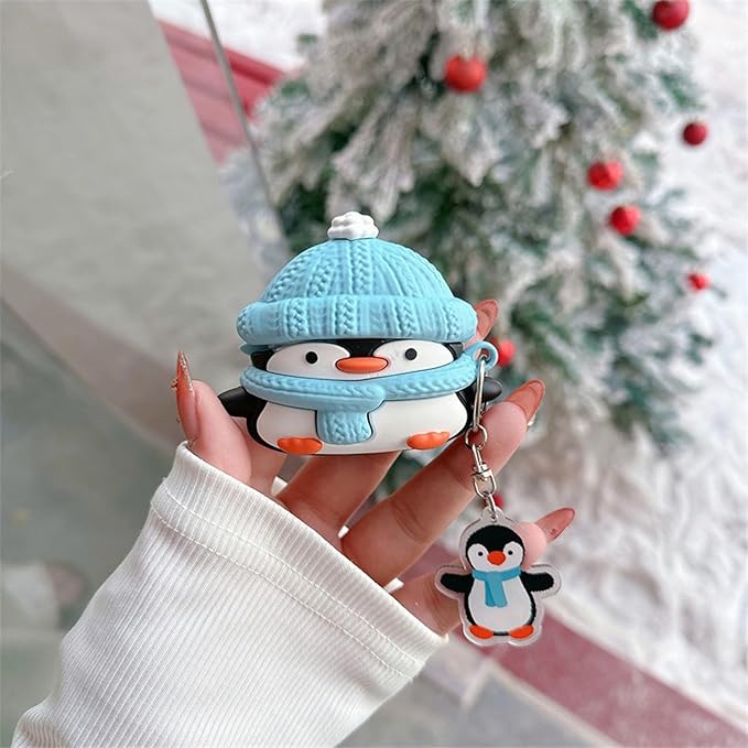 Charging Earphone Case Compatible with Airpods 4,Christmas Cute Animal Hat Penguin Design Soft Silicone Full Body Protective Skin Cover, Kids Girls Women Cartoon Earbuds Accessories with Pendant