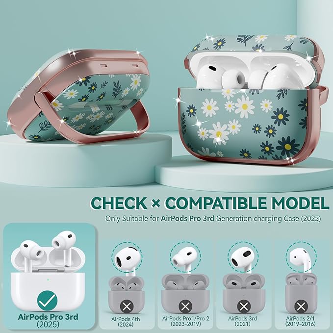 Inesore for AirPods Pro 3 Case 2025 with Lock, for Women Girly Floral Cute Case Compatible with Apple Airpods Pro 3rd Generation Cover, with Phone Stand,Keychain & Cleaner Kit -Green Daisy