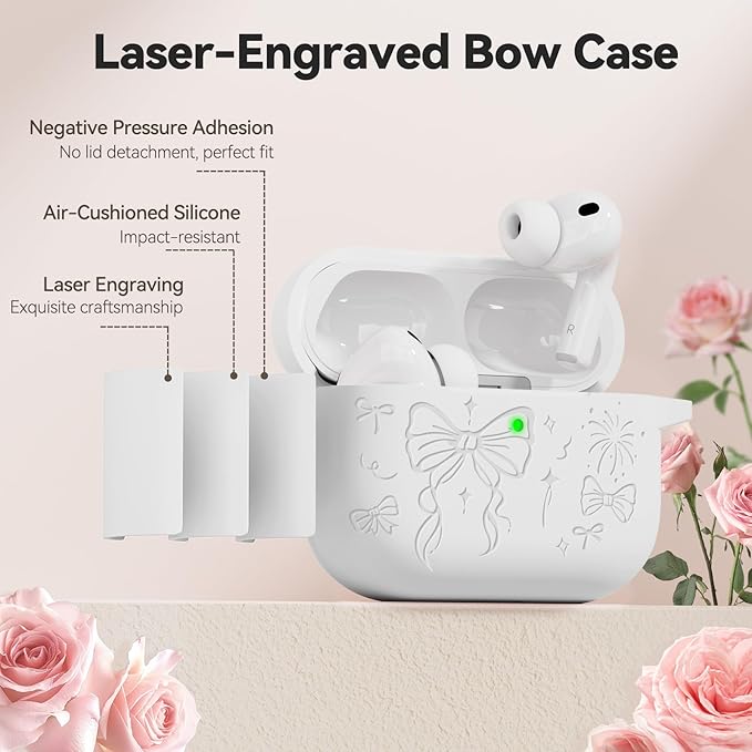 for Airpods Pro 3 Case Cover, Joremx Cute Bow Engraved Silicone Protective Case Cover with Keychain, Cleaner Kit for Airpods Pro 3rd Generation (2025) (White)