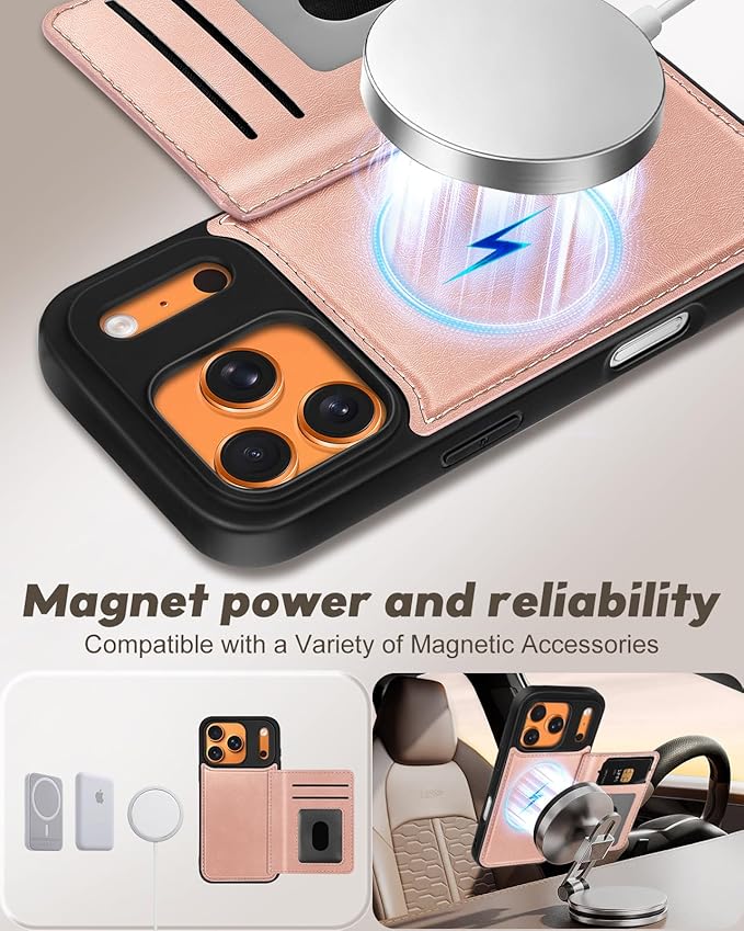 for iPhone 17 Pro Max Case with Wallet - Fits 4 Card Slots, Compatible with MagSafe for Women Aesthetic PU Leather Credit Card Holder Kickstand Phone Cover for Apple 17 Promax, Rose Gold