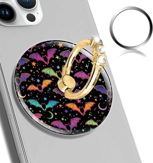 Magnetic Phone Ring Holder Compatible with MagSafe, Cute Phone Grip Stand with 360° Rotation Gold Glitter Finger Ring Kickstand Accessories for Most Phones Cute Purple Bats