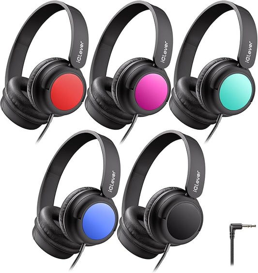 iClever Upgraded Kids Wired Headphones for School K-12, Durable PP Material, Tangle Free, Kids Headphones with Cord Multiple Folding Options Suitable for School/Home/Travel, Bulk 5Pack