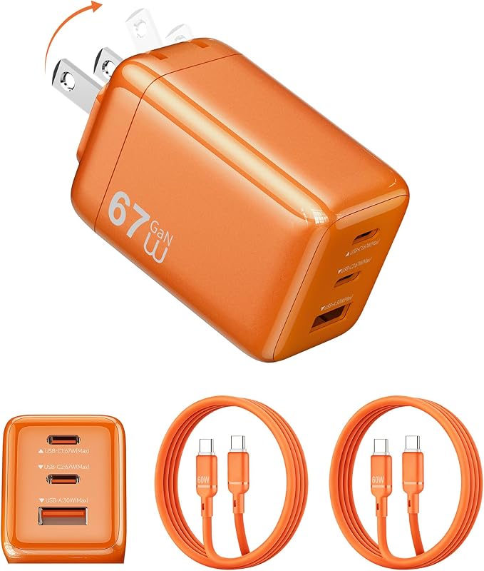 67W Fast Charger,3 Port GaN Compact Foldable Plug PD Fast Charger USB C Wall Plug with 5Ft 2 Cables for iPhone 17/16/15 Series, iPad Air, MacBook Air, ThinkPad, Dell XPS (Orange)
